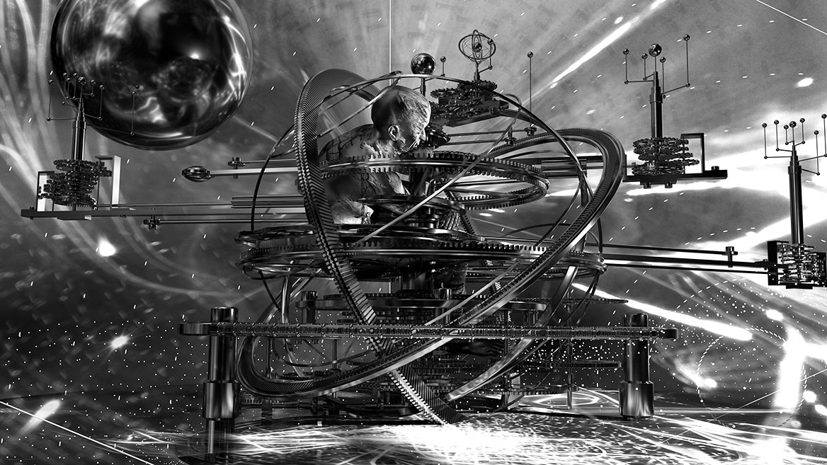 The scenery of this and the following pictures remains the same. The black and white conversion is also retained. The world machine is rotated and presents itself in a new position and at a greater distance from the viewer.