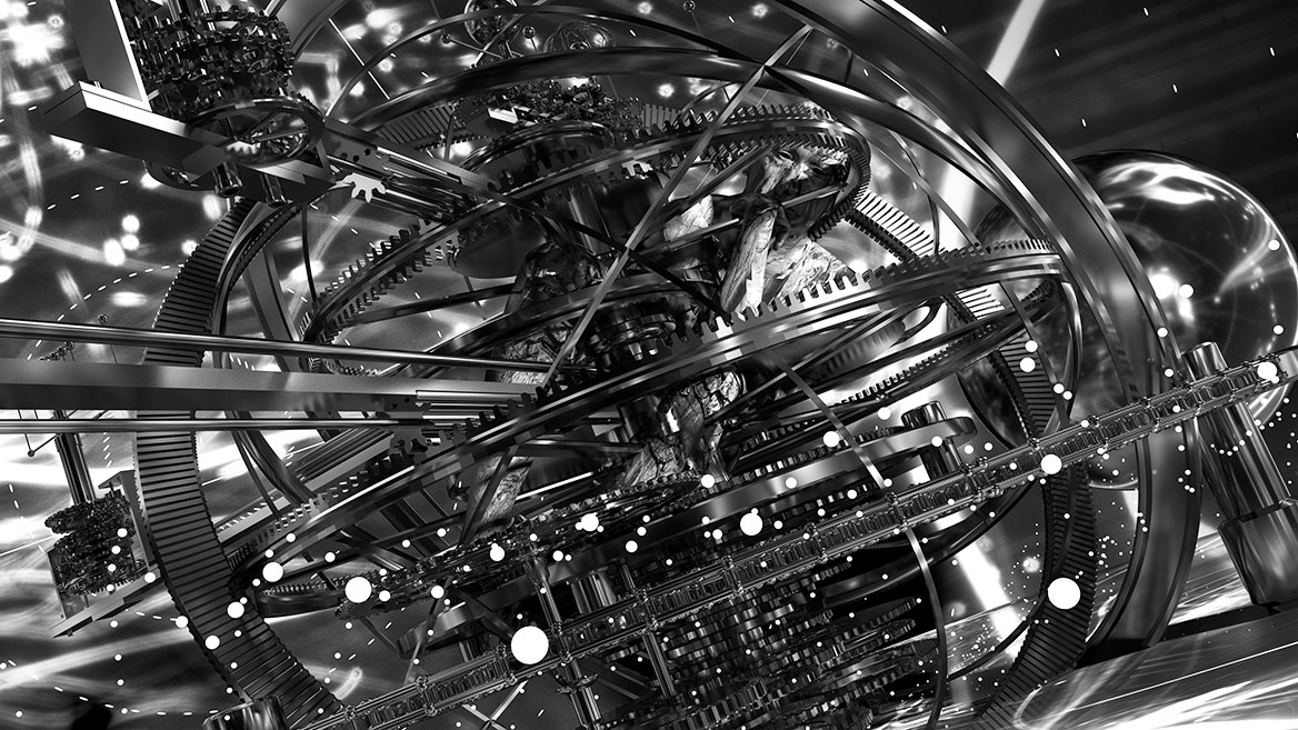 Through a gap that forms between the many gear wheels and metallic rings of the world machine, the prisoner peeps through, easy to miss. He looks directly and frontally at the viewer. The man's skin is covered with an organic texture.