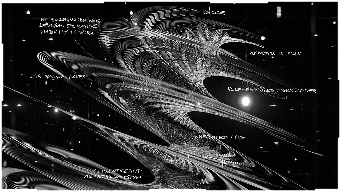 In einer kosmischen Anmutung, in der viele Sterne vor schwarzem Hintergrund leuchten, schrauben sich Leiterbahnen ach oben. Das Bild ist in schwarz-weissen Grauabstufungen gemalt. Die gebündelten Daten sollen abstrakt für ein Meschenleben stehen. Kalligraphische Beschriftungen, die über die gesamte Bildfläche verteilt sind und den Datenbahnen folgen, geben in Stichworten die wichtigsten Lebensstationen bzw. die Vita der fiktiven Person Anton wieder: Apprenticeship as retail salesman, Unrequited love, Car racing lover, Self-employed truck driver, Hit by drunk driver, Several operations, Inability to work, Addiction to pills, Suicide. Der Bildrand ist rythmisch in Segmente unterteilt, die die klassische, rechteckige Kontur der Bildfläche auflösen.